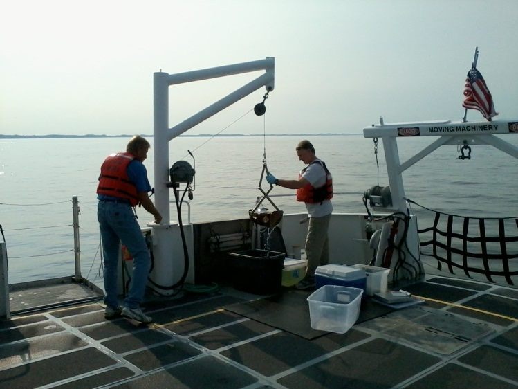 Collecting Lake Michigan sediments on AWRI's research vessel, W.G. Jackson.